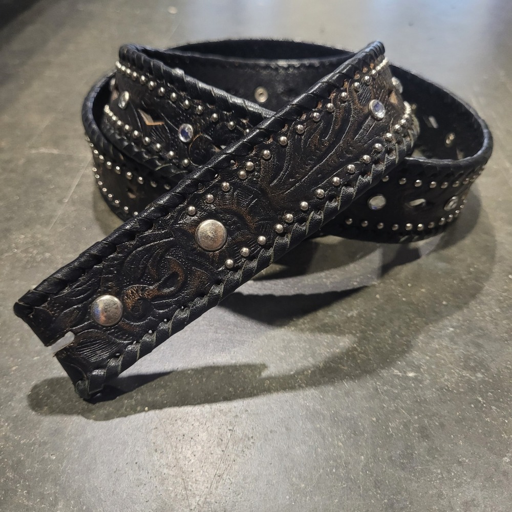 Black Leather Belt XL Black Studs Rhinestone Western Tooled Cowgirl Whipstitch